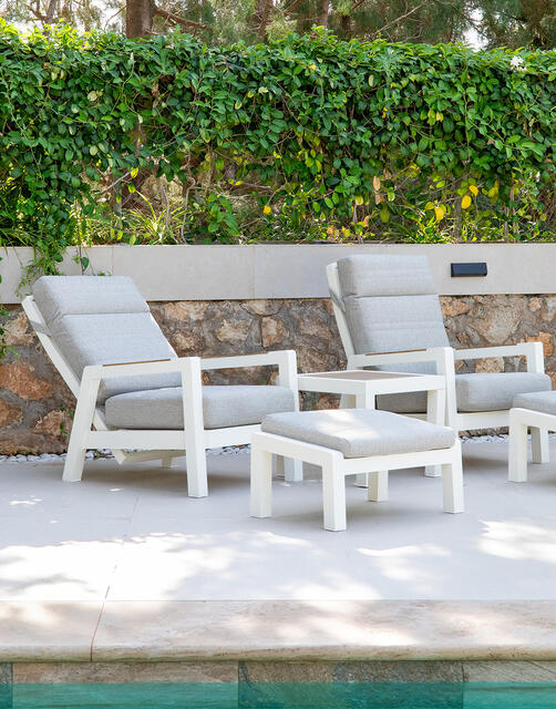 Afar Aluminium Recliner Set, White Frame, Grey Cushions