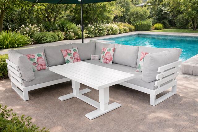 Menorca White Aluminium Corner Sofa set with H/A table