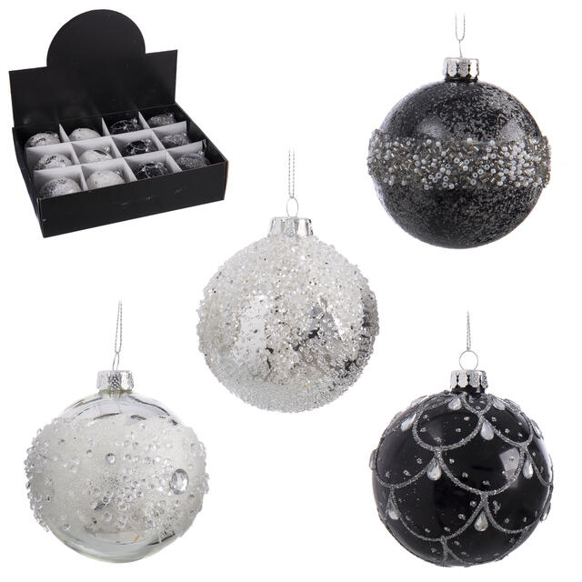 12 Black and Silver Glass Baubles