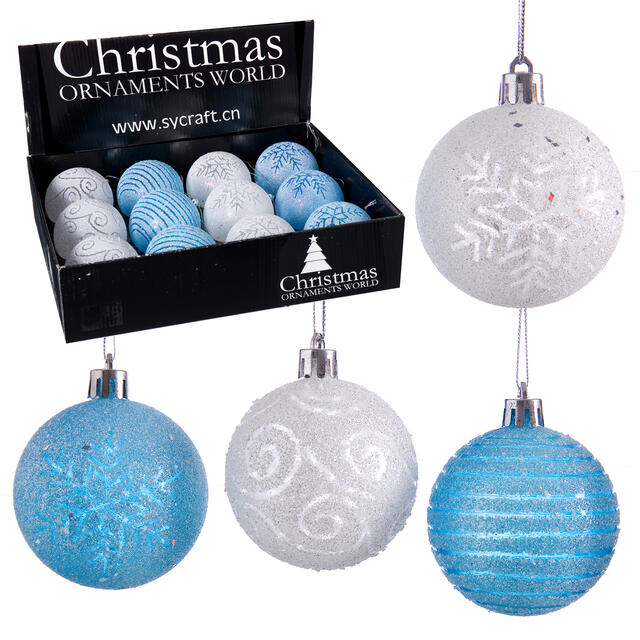 12 Blue and White Frosted Baubles
